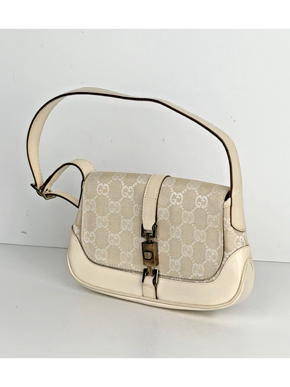 Gucci Mini Jackie O Shoulder Bag Neutral GG Monogram Canvas & Leather Trim S03